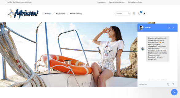 Chatbot Fenster auf der Startseite des Moinsen Shops