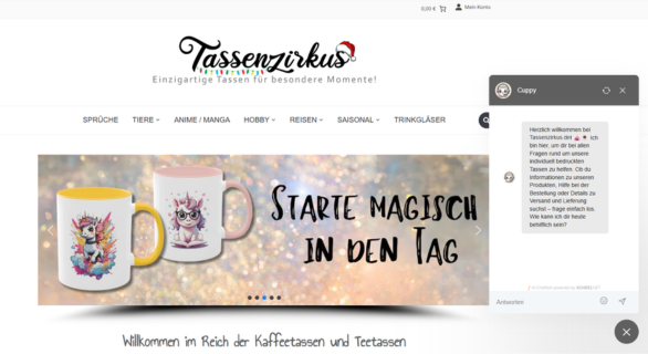 Chatbot Fenster auf der Startseite des Tassenshops Tassenzirkus